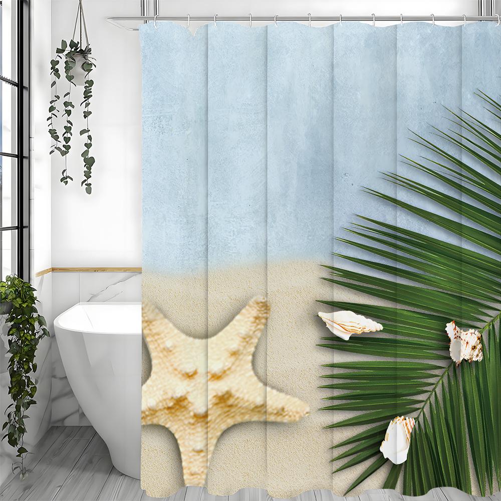 Ocean Shell Starfish Palm Leaf Shower Curtain, Bathroom Decorative Shower Curtain, Waterproof Shower Curtain with Hooks