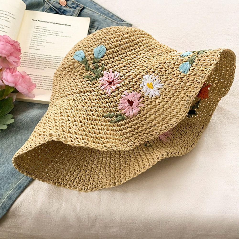Colorful Flower Straw Hat Embroidered Flower UV Protection Cap Sweet Beach Hat Girls