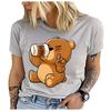 Unisex 100% Polyester Cartoon Brown Bear Print Loose Round Neck Casual Short Sleeve T-Shirt Fashion Top for Summer
