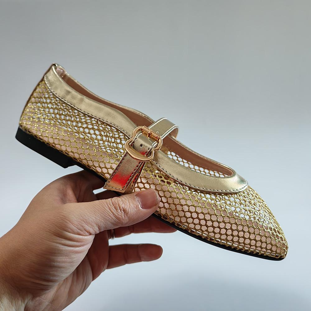 Gold Mesh Hollow Out Shoes Women Mary Jane Flats Lightweight Spring Summer Dress Party Shoes Elegant Office Lady Plus Size 43