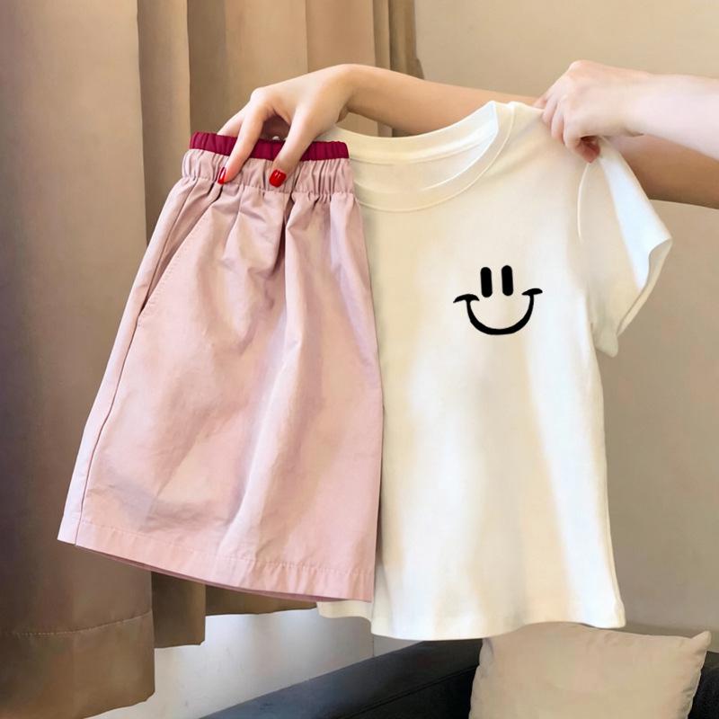 Girls' Stylish Cotton Short-Sleeve T-Shirt Set - Summer Korean Style for Middle & Big Kids