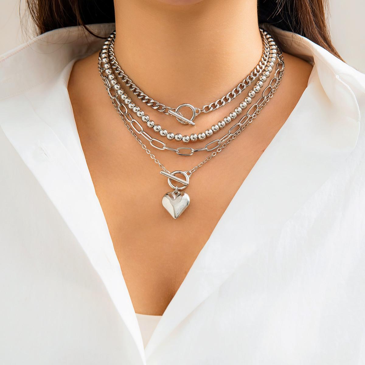 

4Pcs Separable Layered Beads Chain with Big Heart Pendant Necklace Set for Women Trendy Ladies Daily Accessories on Neck Fashion