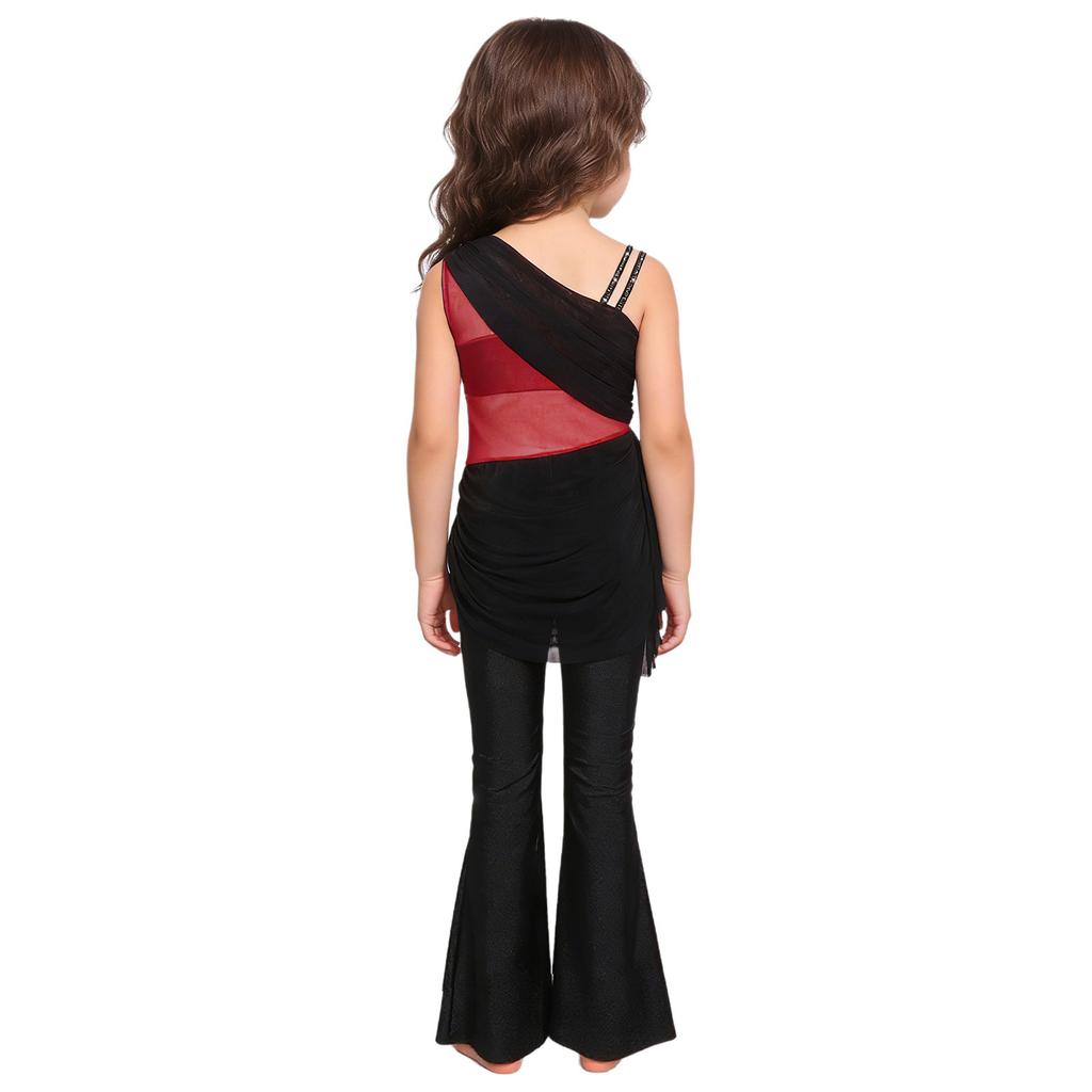 Girls Color Block Dance Jumpsuit Glittery Rhinestones Mesh Ruched Overlay Asymmetrical Bell Bottom Bodysuit
