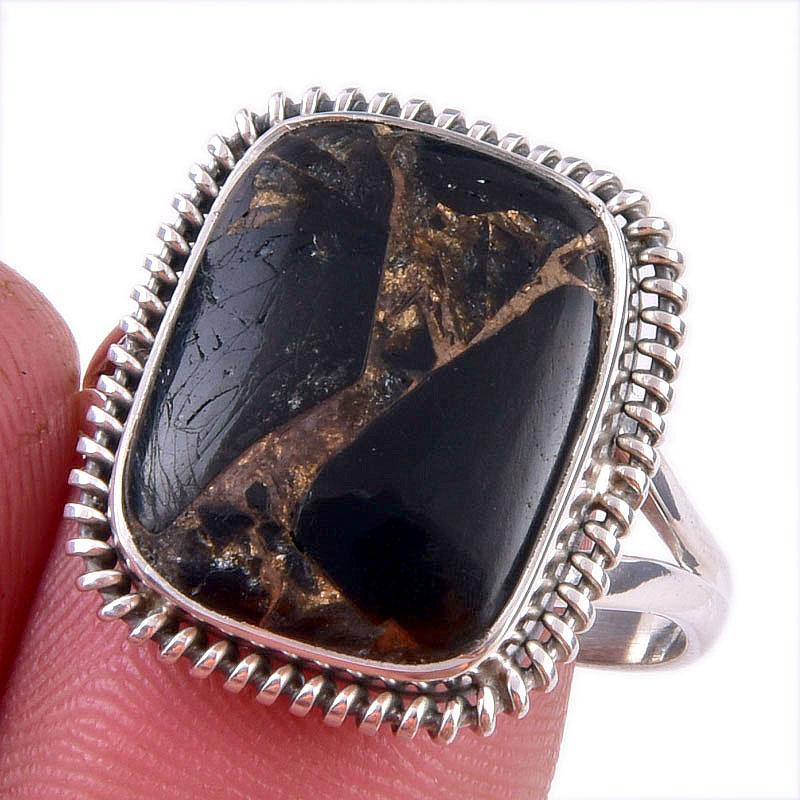 

Natural Black Copper Turquoise Gemstone 925 Solid Sterling Silver Ring S.9 I5Y15