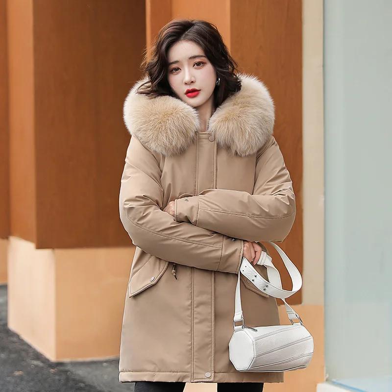 Women Parka Fashion Winter Jacket Slim with Fur Collar Warm Snow Wear Padded Clothes Long Coat Wool Liner Hooded Parkas