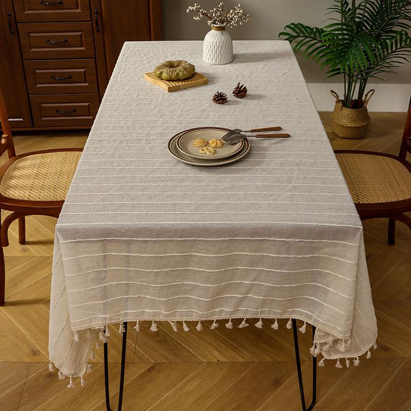 

Amazon Popular Japanese-Style Striped Linen Tablecloth Tables And Chairs Simple Plain Tassel Atmosphere Decorative Cloth Dining Table 140*100cm