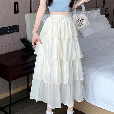 Mesh Midi Skirts Women Pure Sweet Tiered Princess Summer Vintage French Style Fairycore Elegant Layered Ruffles Cake Skirt