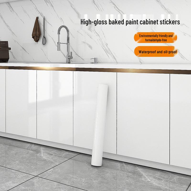 High Gloss White Self-Adhesive Cabinet Stickers - Heat Resistant, Oil-Proof for Kitchen & Dining Surface Renovation.
