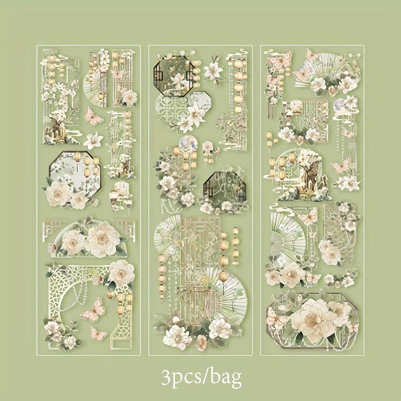 3 Sheets/Bag Of Classical Flower Hot Stamping PET Stickers Chinese Style Creative Diary Notebook Stickers DIY Collage Decoration