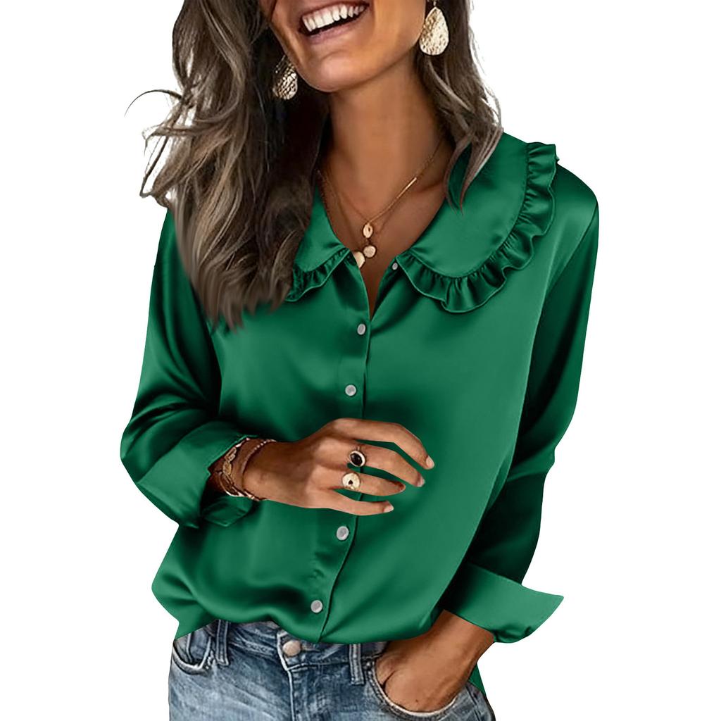 Womens Silk Satin Tops Ruffle Lapel Collar Button Down Shirts Casual Long Sleeve Business Dressy Luxury Clothes