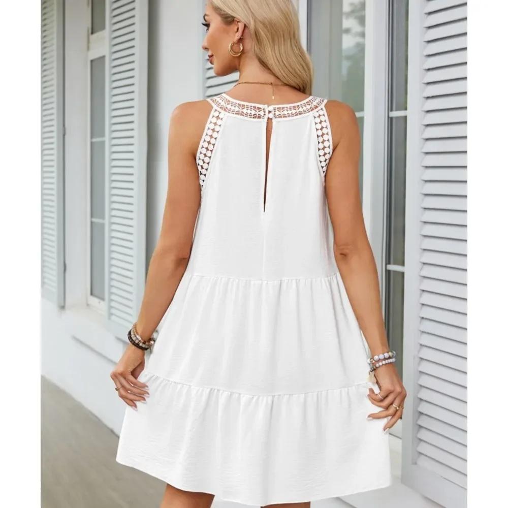 Women Summer Beach Mini Dresses Halter Sleeveless Sexy Loose A-Line Hollow Out Lace White Bohemia Dress Pleated Solid Sundress
