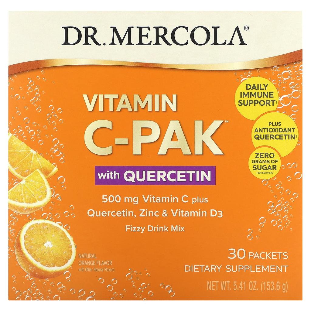 Dr. Mercola Vitamin C-PAK with Quercetin, Natural Orange, 500 Mg, 30 Packs, 5.12 G (0.18 Oz) Each