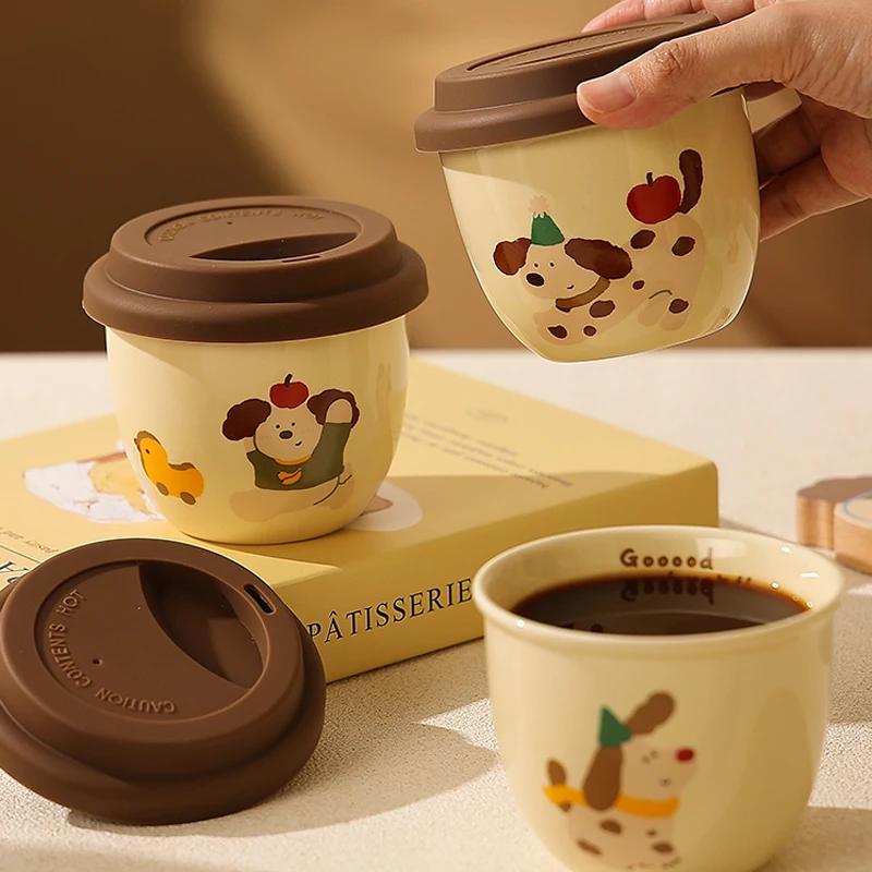 250ML Ceramic Coffee Mug Vacuum Flask Silicone Lid Direct Drinking Mouth Cute Cartoon Animals High-quality Outdoor Cup Gifts