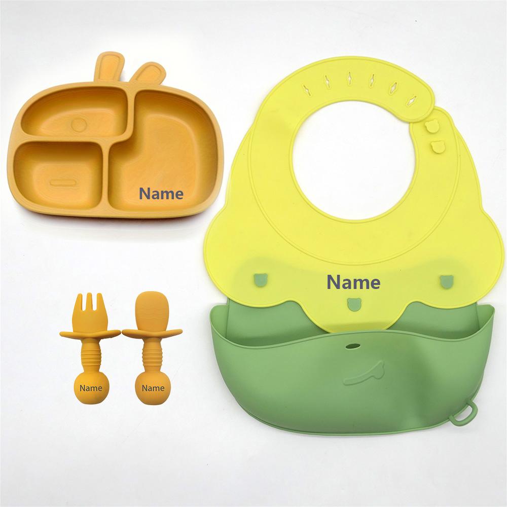 

Non-Toxic Customizable Silicone Tableware Set For Babies - Waterproof Easy To Clean With Free Name Engraving Creative Gift Idea