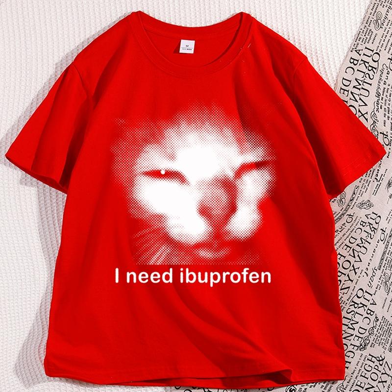 I Need Ibuprofen Cat Tshirts for Man Cotton Caual Short Sleeve Funny Vintage Graphic Cat Tshirt Unisex Silly Kitten Tshirt S