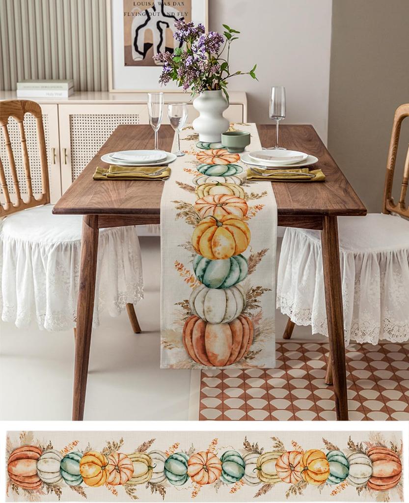 Fall Thanksgiving Pumpkins Linen Table Runner Home Decor Washable Autumn Harvest Kitchen Dining Table Runners Thanksgiving Decor