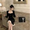 French Royal Sister Hepburn Black Dress Women's Autumn Velvet Small Black Dress Advanced Sense Slim Little Mom Hip Wrap Long Dress