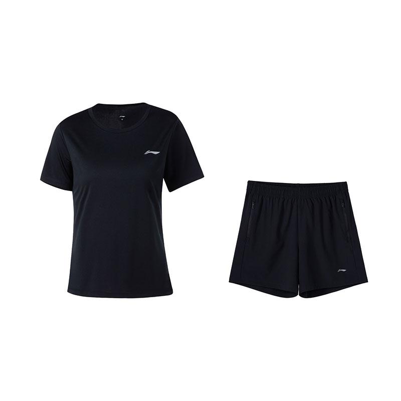 

Li-Ning Versatile Simple Breathable Short Sleeve Comfortable Pants Casual Sports Suit Women suit Black W838-1+W518-1 M