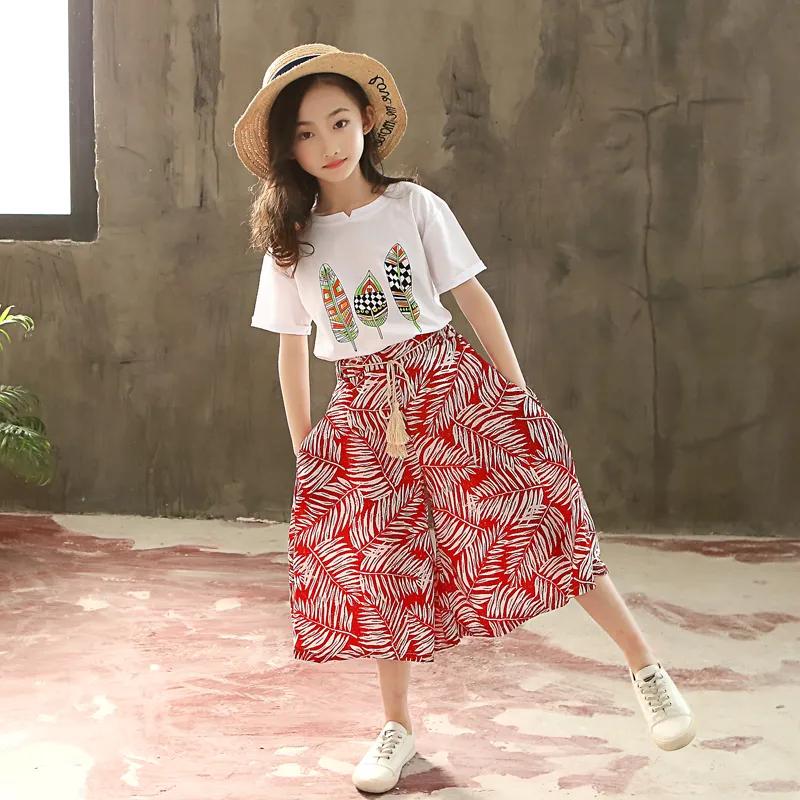 Girls Summer Fresh Comfortable Set Round Neck Short Sleeve T-shirt + Wide Leg Pants Two-piece Set