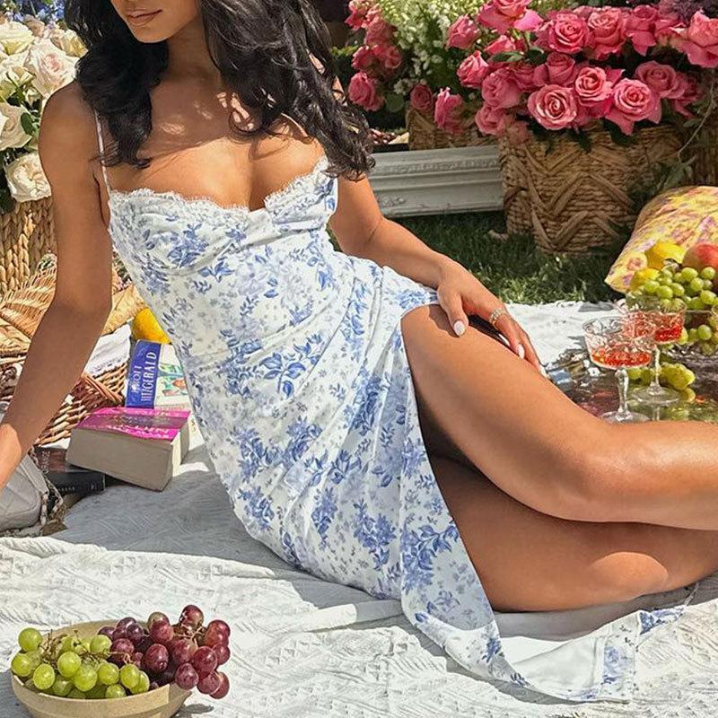 Spring Women's Clothing New Fashion Small Floral Print Slit Suspender Dress for Women