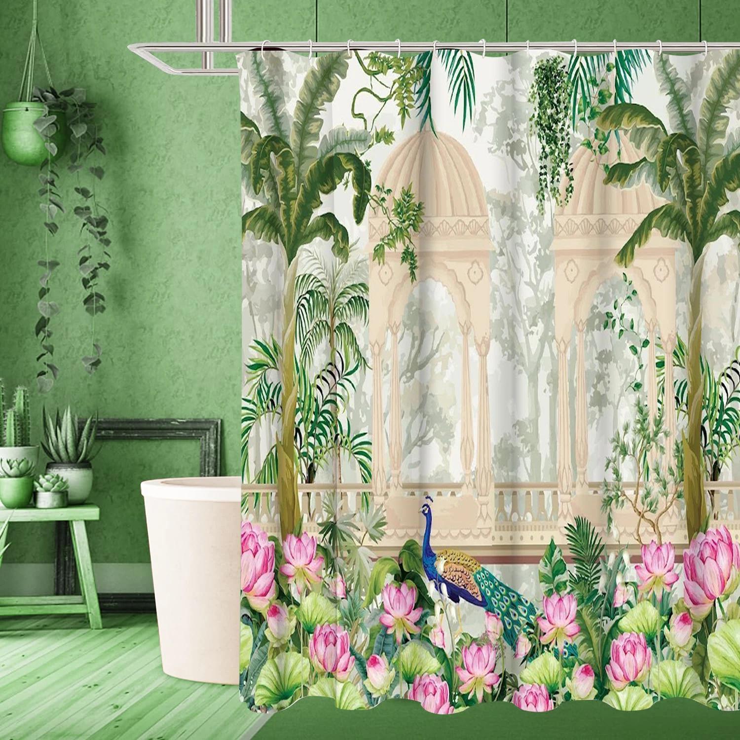 

Tropical Pland And Peacock Bathing Curtain Bathroom Letters Shower Curtain Waterproof With 12 Hooks Fishes Home Deco W60H190(CM)-1 Pcs