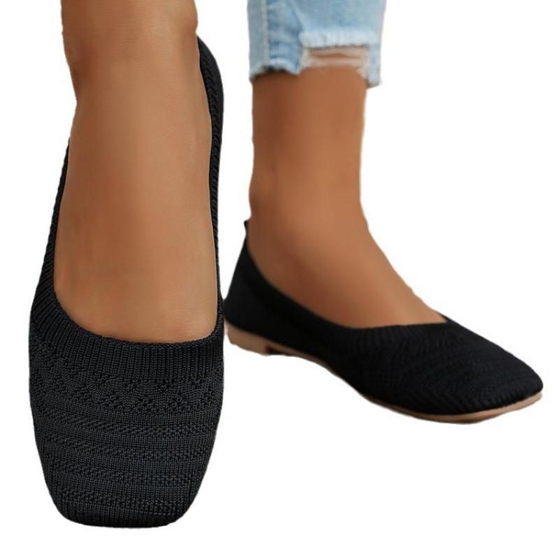 Large size spring new flat bottom square head foot cover shallow mouth single shoes women's knitted fashion versatile shoes