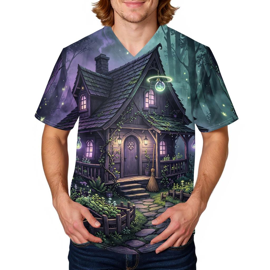 Men's Halloween Print Medical Scrub Top V Neck Pocket Comfortable Fit Daily Workwear for Healthcare Professionals