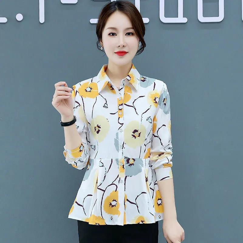 Summer Button Shirt Pleated Edge Chiffon Shirt Casual Printing T-shirt Thin Shirt for Middle-aged and Elderly Women