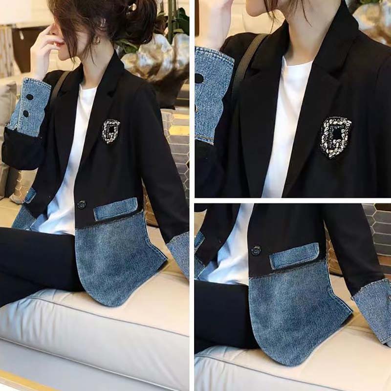 Cowboy Splicing Blazer Women Casual Loose Patchwork Denim Large Size Coat Polo Collar Long Sleeved Jacket New Fashion  Autumn