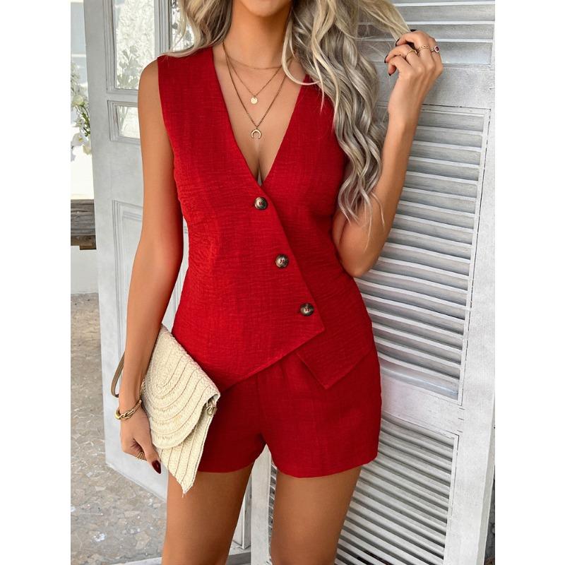 Summer Elegant Fashion Solid Color V-neck Button Irregular Vest Lace Up Shorts Set Women Sleeveless Top Suit