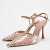 Zapatos de tacón de malla con decoración de lentejuelas para mujer, sexys, de punta, con correa de tobillo y hebilla, sandalias de tacón de aguja, elegantes zapatos de vestir para fiesta
