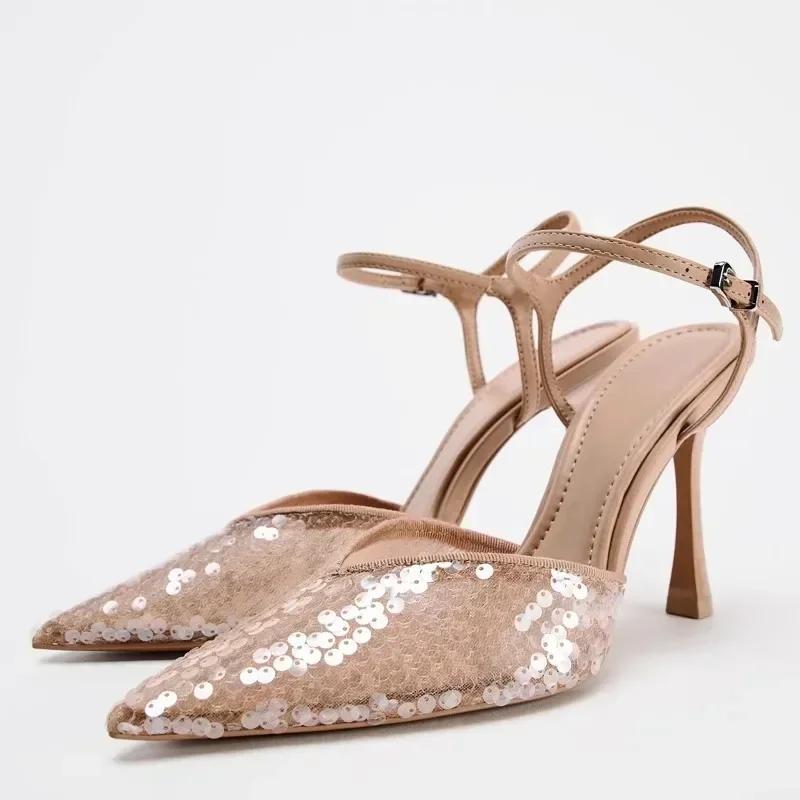 

Fashion Sequins Decorate Mesh High Heels Women Sexy Pointed Toe Ankle Strap Buckle Stiletto Sandals Elegant Party Dress Shoes 42 бежевий