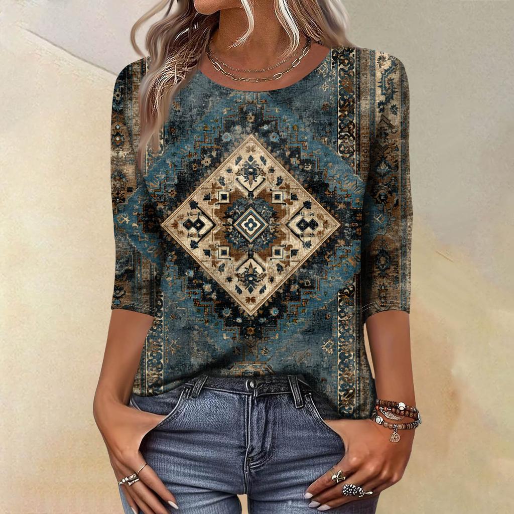 Trendy Vintage 3/4 Sleeve Top For Women ,Ladies Casual Three Quarter Sleeve Round Collar Printed T-Shirt Blouse