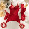 Sequin Transparent Lingerie Set with Gloves Women Mesh 3-Piece Brief Intimates Sexy Erotic Underwear Set