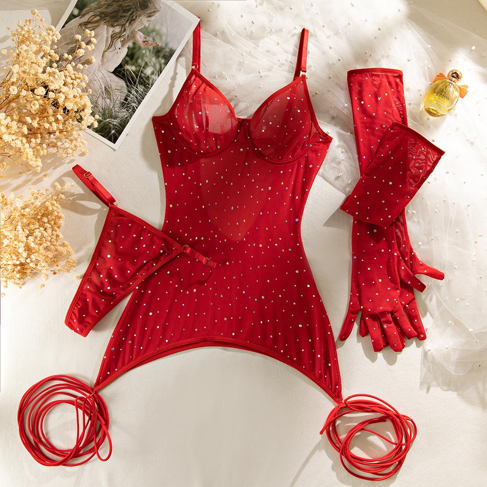 Sequin Transparent Lingerie Set with Gloves Women Mesh 3-Piece Brief Intimates Sexy Erotic Underwear Set