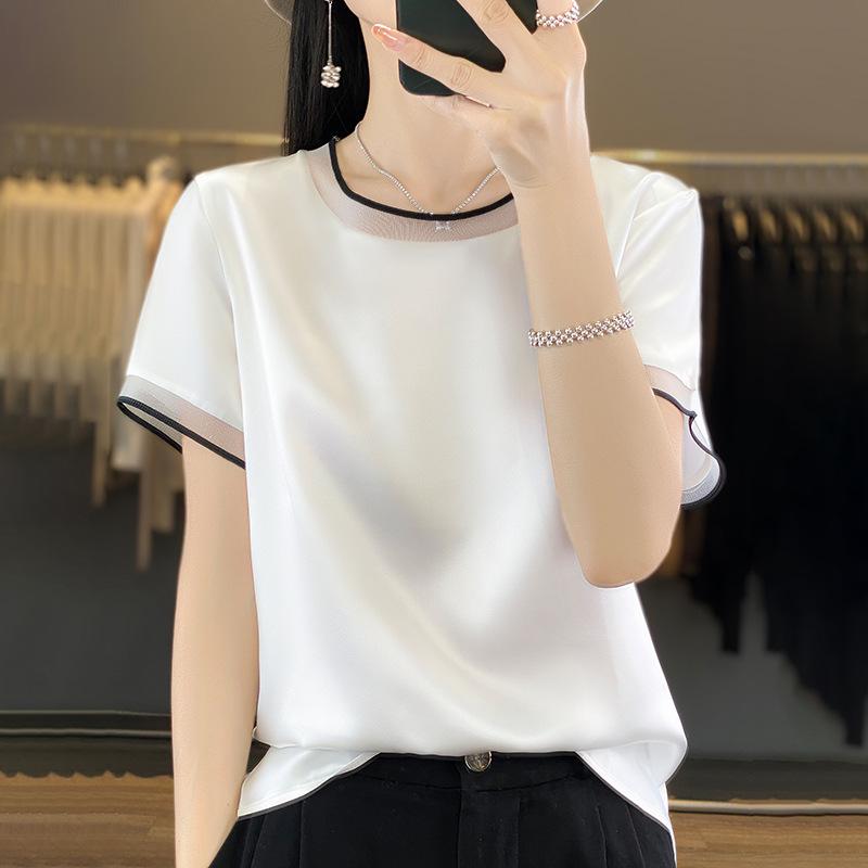 2025 Women s Color Block Mesh Short Sleeve Satin T-Shirt 3XL