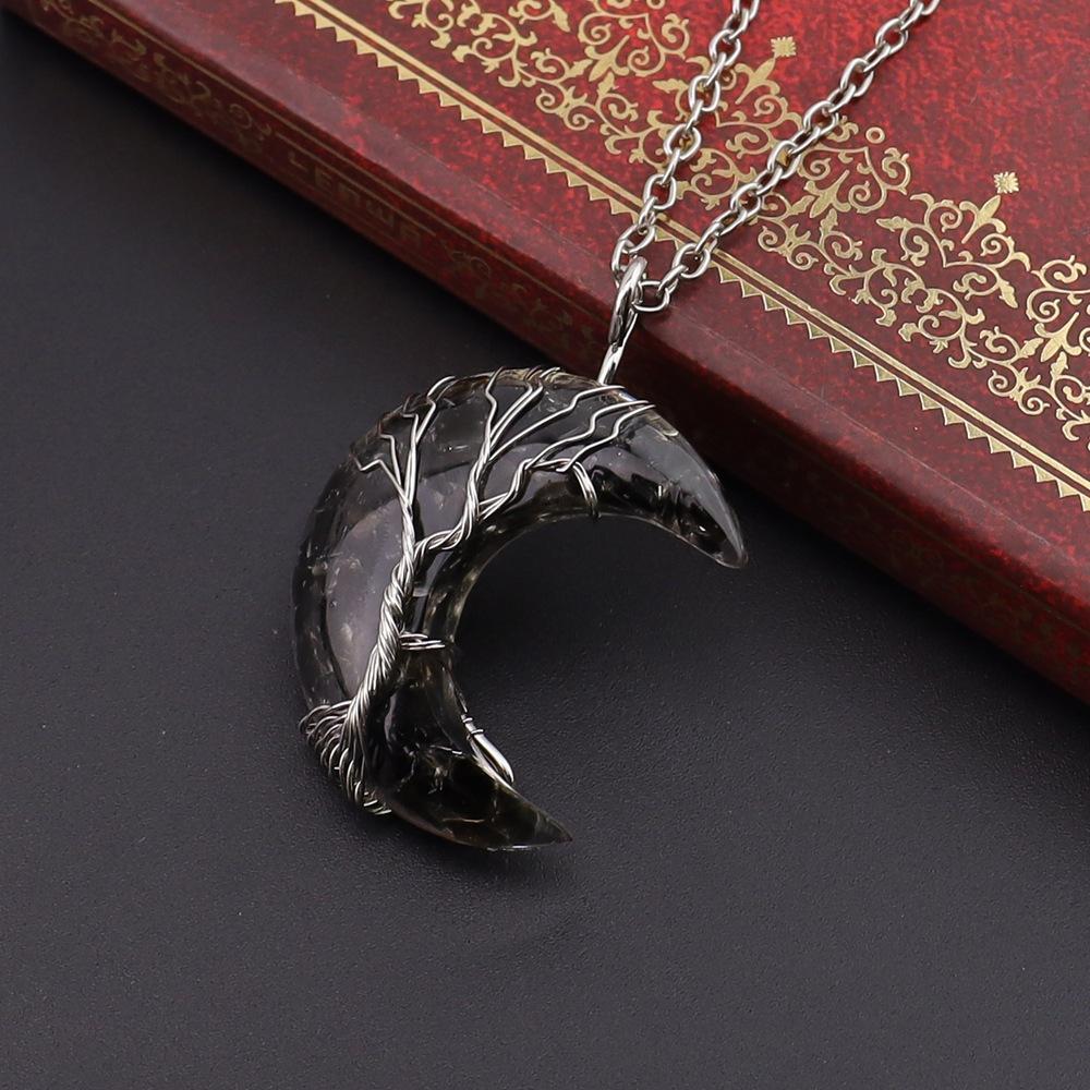 Chakela Natural Crystal Gravel Resin Winding Tree Of Life Moon Pendant Crescent Necklace N755