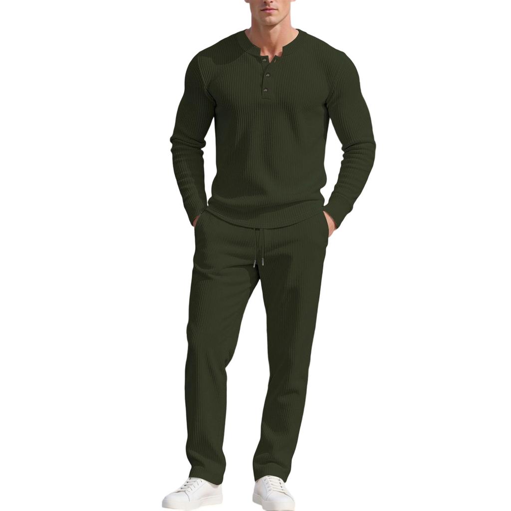 Men  Trend  Fashion  Leisure  Round Neck  Button  Upper Garment  Trousers  Set