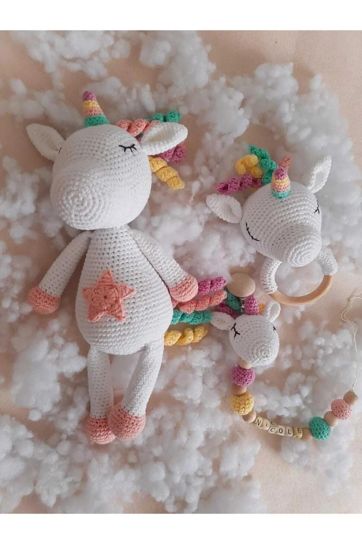 

Подарочный набор Amigurumi для новорожденных с единорогом, держатель для соски-компаньона, погремушка-прорезыватель, игрушка ручной работы, вязаная игрушка, Amigurumi