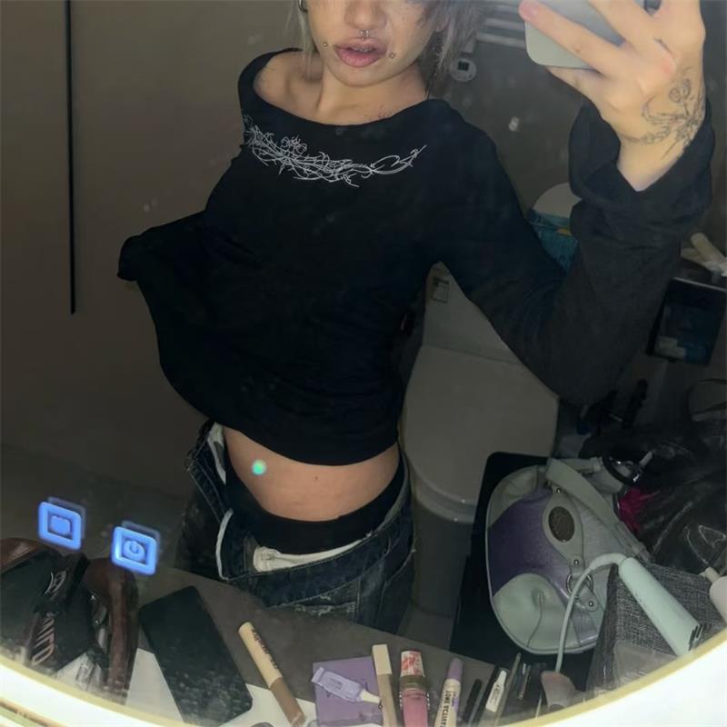 VAYLA Y2k Gothic Print T-shirt Trashy 2000s Style Long Sleeve Tops Vintage Harajuku Streetwear American Retro T-shirts