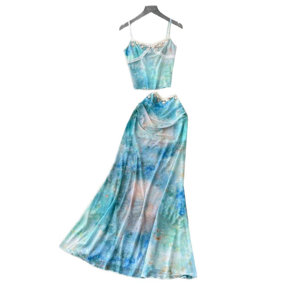 There are chest pads, adjustable shoulder straps, pure desire two-piece set, women's Thailand Sanya seaside vacation style lace splicing dress