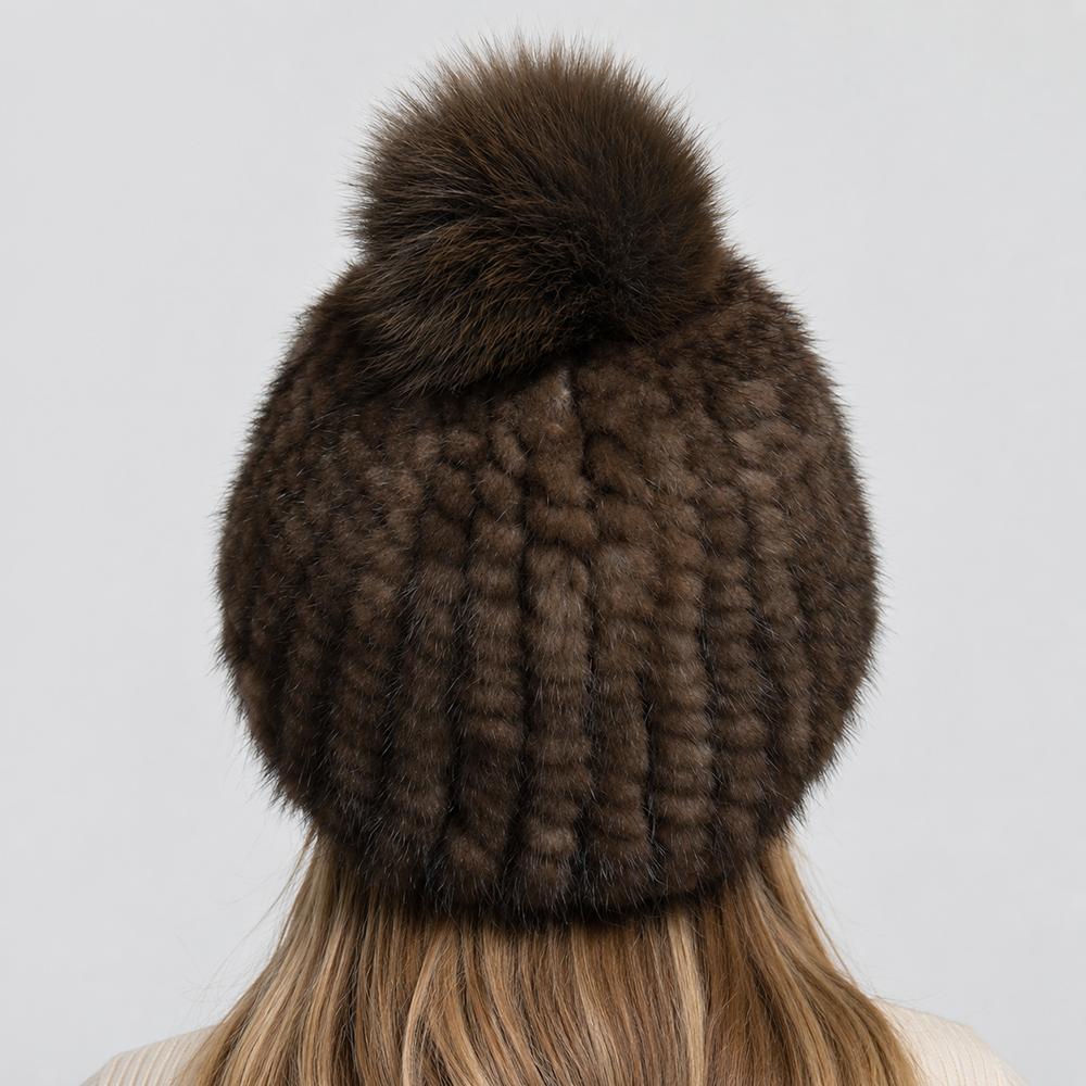 Winter Women Natural Mink Fur Hat Hand Knitted Warm 100% Genuine Mink Fur Cap Russia Lady Real Mink Fur And Fox Fur Pompoms Hats