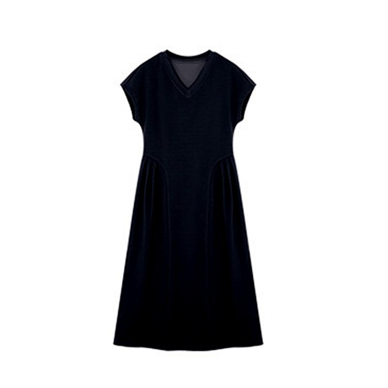 Women's summer casual short-sleeved dress women's summer new three-dimensional pleated design waist and thin V-neck dress