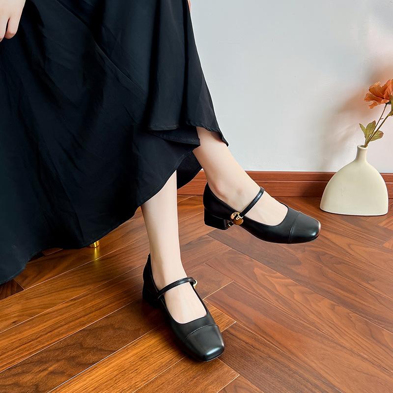 

Шкіряні балетки для жіночого взуття Хуейчжоу Su Yinyin ті ж самі одинарні туфлі весна нові квадратний носок туфлі Мері Джейн високі підбори 40 чорний