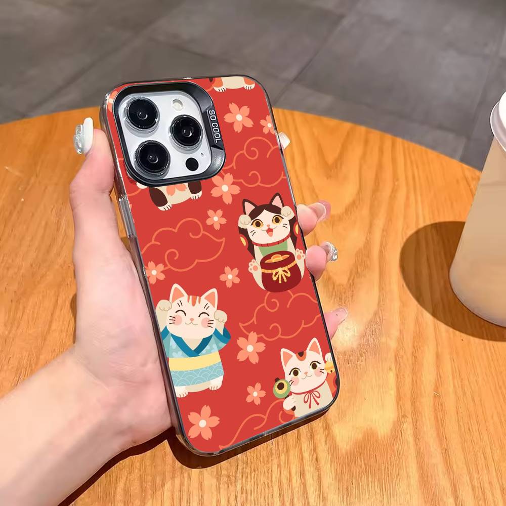 Lucky Money Cat M-Maneki N-Neko Phone Case For iPhone17 16 15 14 13 12 Pro Max Grey Black Matte Laser Metallic Aurora Funda