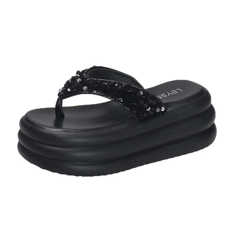 

Удобные шлепанцы на платформе для женщин, летние новые сандалии с блестками и зажимом для носка, с толстой подошвой, нескользящие, для отдыха на природе, пляжная обувь 34 чёрный