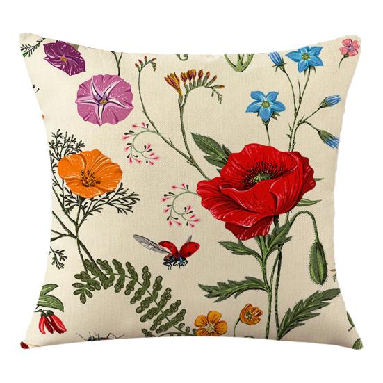 Floral Cushion Cover, 18x18 Inch Decorative Throw Pillow Cover with Hidden Zipper, Plant Insect Flower Patterns, Cushion Case for Sofa Car Home Decor