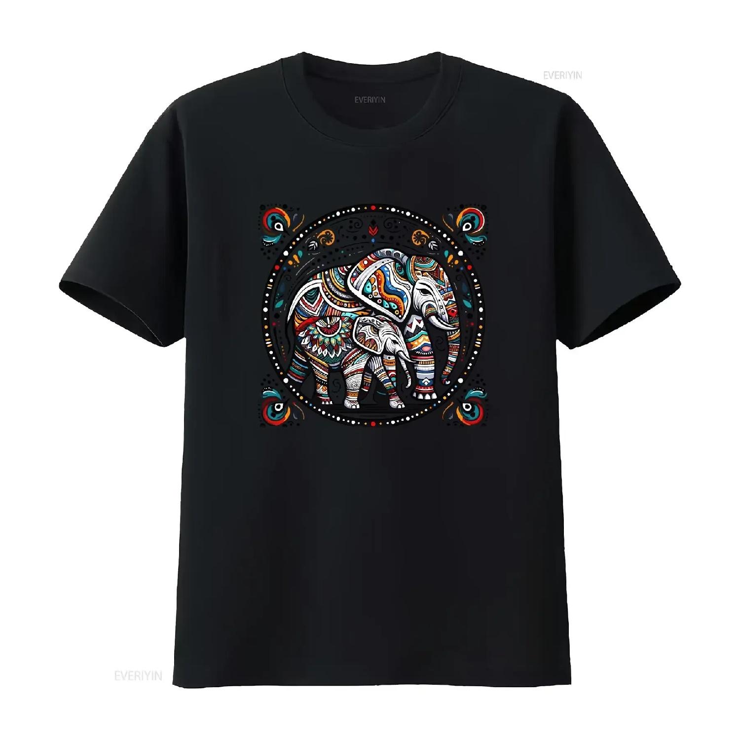 

Bohemian Elephant Family T Shirt Colorful Mandala Inspired Artistic Animal Apparel Mother and Calf vintage Washed Casual XXXXXL різнокольоровий