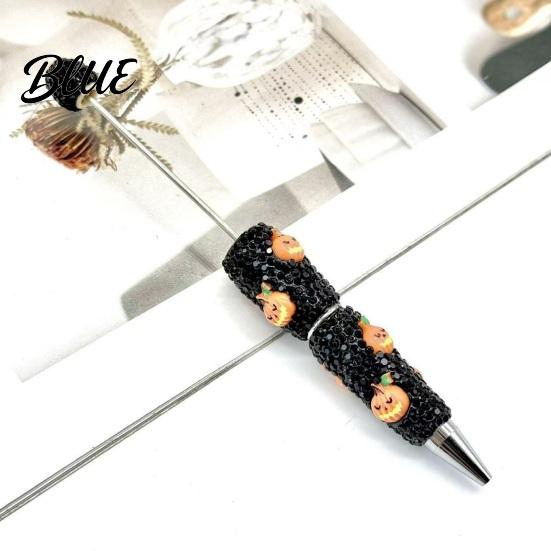 Rhinestone Writing Pen Beadable Pen Glitter Plastic Beaded Halloween Pumpkin Ghost Skull Smooth Gel Ink for DIY Craft Making School Office Supplies