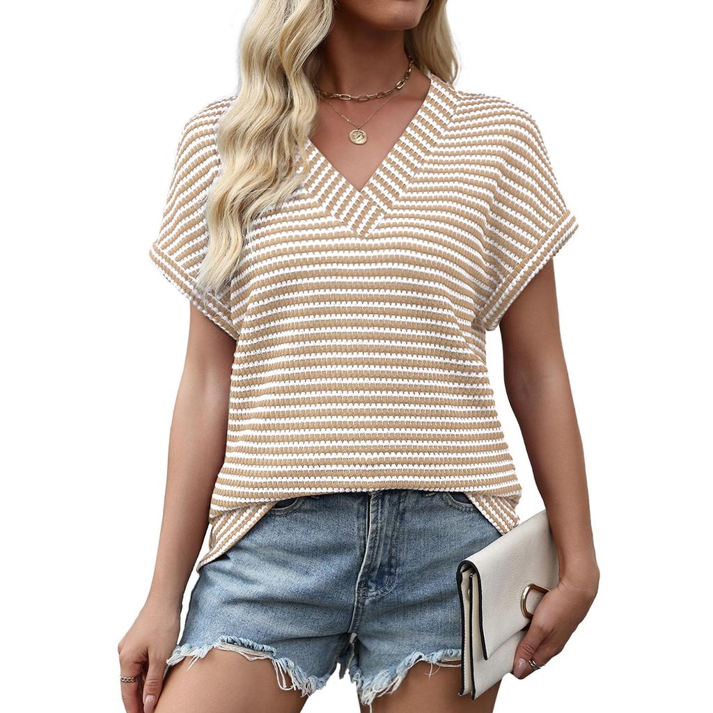 Ladies' Casual Striped V-neck T-shirt Top